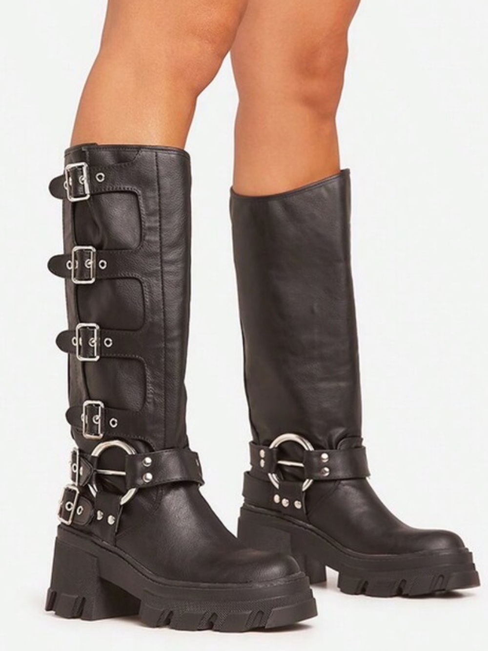 Buckle-Up-Now Side Buckle Detail Chunky Sole Mid Calf Biker Boot - Faux Leather